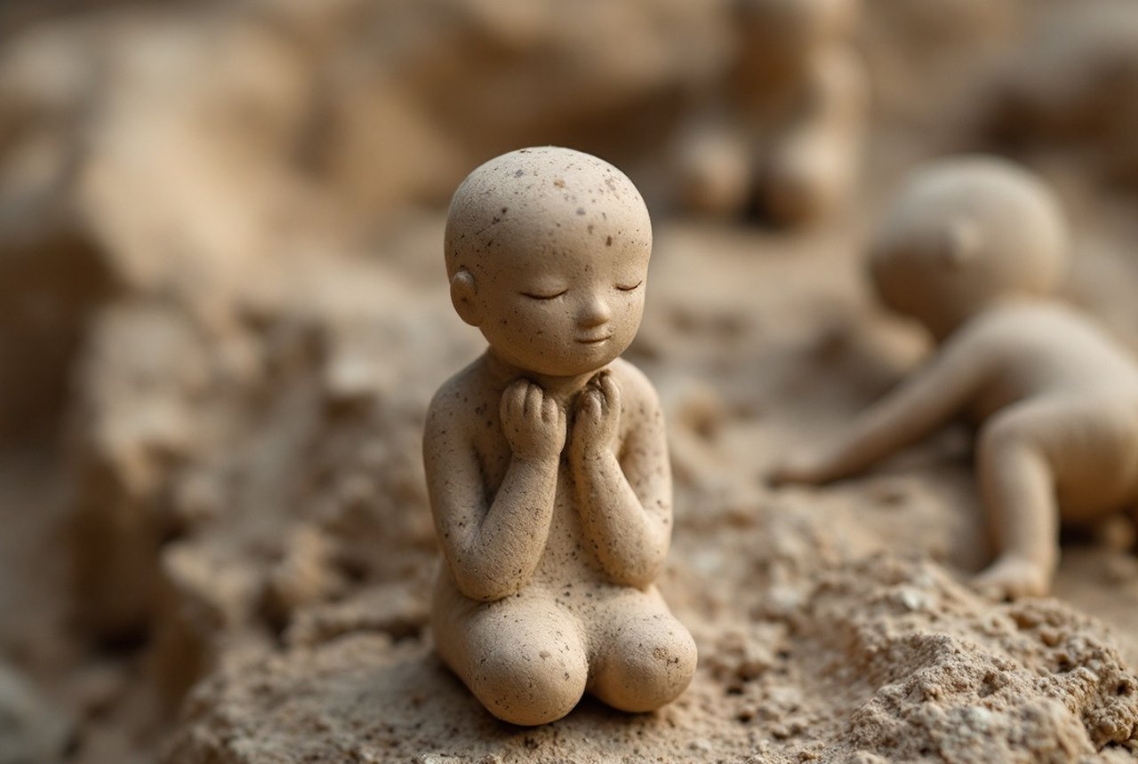 Close-up photograph of Paleolithic fired clay figurine (Věstonice-type)