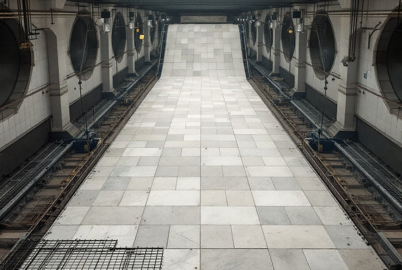 Aerial or wide shot of large-format ceramic tiles being laid in a metro station